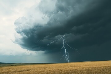Dramatic lightning strike over golden wheat field under a dark stormy sky. Intense weather phenomena captured in nature photography