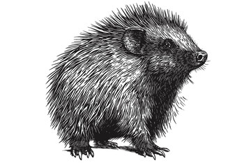 Hand-drawn porcupine in vintage art style, animal print, trendy illustration, black sketch effect on white background