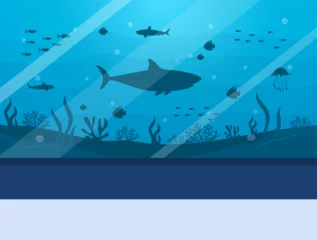 Selbstklebende Fototapeten Underwater scenery with sea animals in aquarium. Empty oceanarium scene in flat style. Vector stock © Jessica