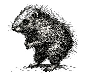 Trendy illustration of hand-drawn porcupine, black sketch effect, vintage art, animal print, white background