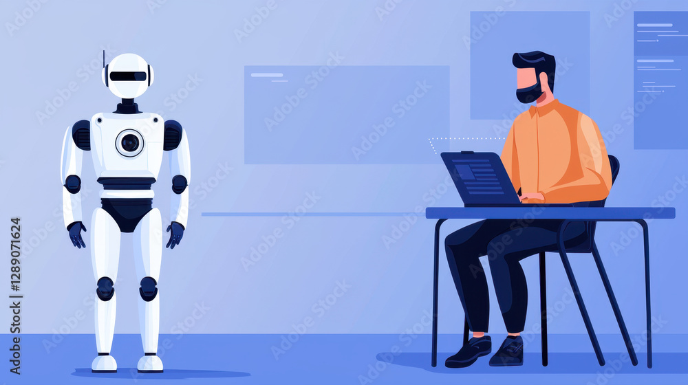 Poster virtual classroom online learning concept, robot and man working together in modern office environme