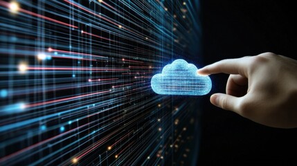 Hand interacting with virtual cloud data stream digital environment technology concept futuristic viewpoint