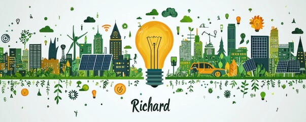 Sustainable cityscape featuring renewable energy and eco-friendly urban concepts