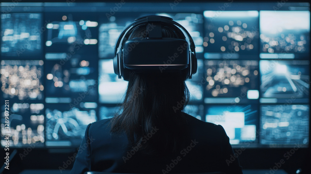 Poster virtual classroom online learning concept, person using virtual reality headset tech environment, im