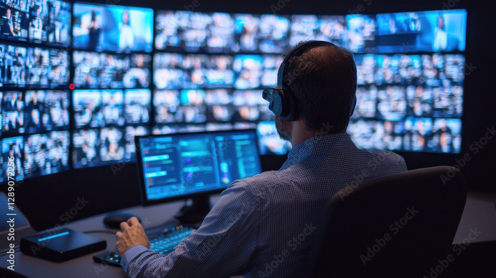 Poster virtual classroom online learning concept, man monitoring multiple screens in control room, focused 