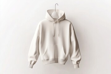 Minimalist beige hoodie hanging on a white hanger