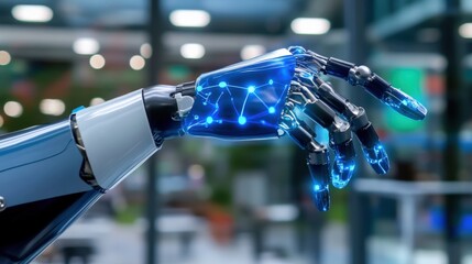 Innovative robotic hand technology demonstration modern research lab digital art futuristic environment close-up view ai concept