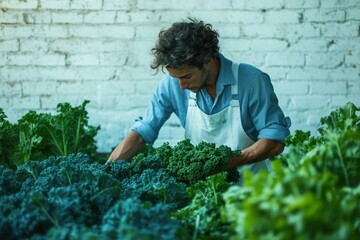 A male farmer carefully harvests lush green kale plants in a greenhouse setting.
