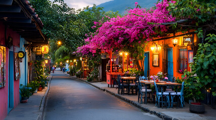 Naklejka premium Vibrant Colorful Street Scene at Night in a Mediterranean Village