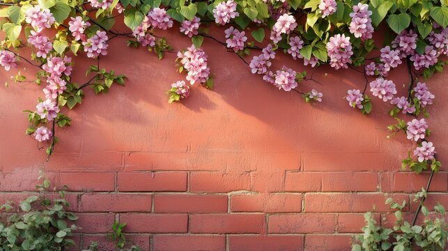 Delicate cherry blossoms bloom against a red brick wall, bathed in the soft glow of morning light, surrounded by lush greenery and vibrant purple flowers. - Powered by Adobe