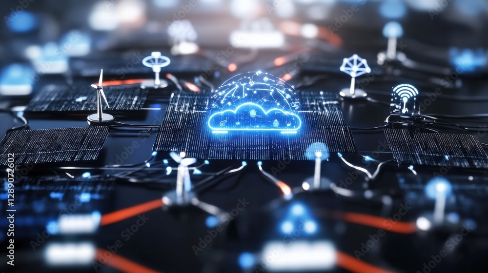 Poster innovative cloud computing technology digital network infrastructure graphic visualization futuristi