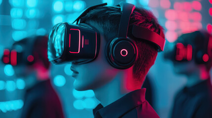 Naklejka premium Virtual classroom online learning concept, Virtual reality experience with headset and headphones in neon lights