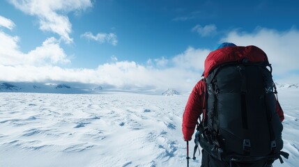 A hiker in a red jacket traverses a snowy landscape, surrounded by clouds and a vast blue sky, showcasing the beauty of winter exploration.