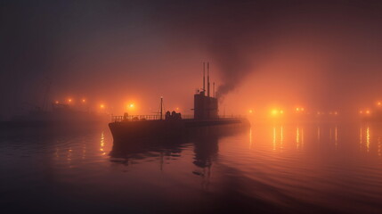 Fototapeta premium The submarine is on the surface steam rising from _006