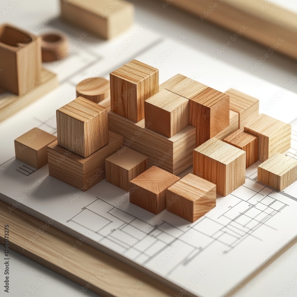 Poster a composition of wooden blocks in various shapes and sizes, arranged on a structured layout, showcas