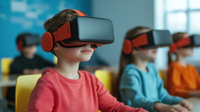 Virtual classroom online learning concept, Immersive learning experience with children using virtual reality headsets