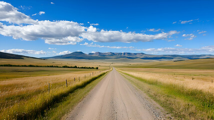 Fototapeta premium Dirt Road Leading to Distant Mountains under a Blue Sky