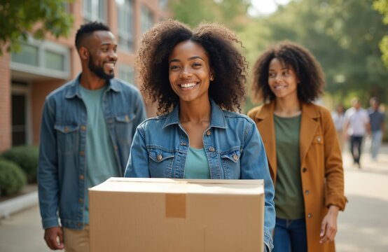 Black college student moves to dorm with parents assistance. Family helps with boxes. Smiling girl carries cardboard box with happiness. Parents support young woman at university campus