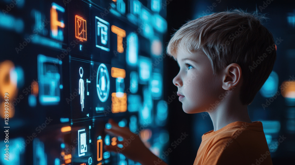 Poster virtual classroom online learning concept, child interacting with digital interface, exploring techn