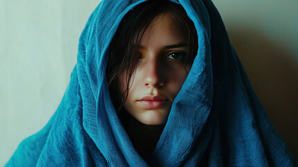 Young woman face framed by bright blue headscarf against softly textured backdrop viewer