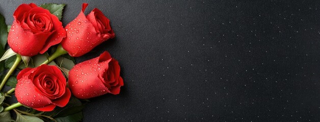 Beautiful red roses with raindrops on a black background showcasing elegance and romance for various occasions