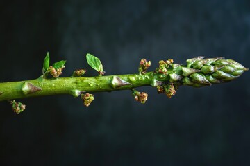 A close-up view of a plant with small, developing buds
