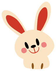 
cartoon rabbit face smiling sticker, made in soft pastel colors and having a playful, cheerful design.
