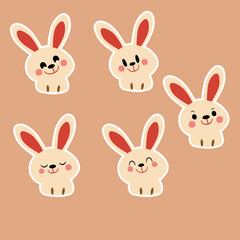 A set sticker   of five cute cartoon bunny faces with different expressions, featuring soft pastel colors and a playful, cheerful design.

