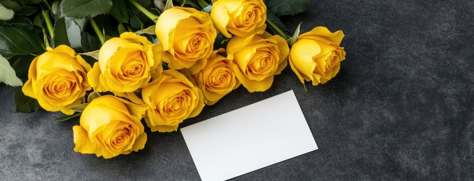 Bright yellow roses arranged elegantly on a dark background with a blank card for messages or notes during a special occasion