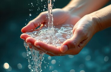 Clear water flows through cupped hands, symbol of purity, freshness. Droplets of water glisten in light. Natural source of vitality, hydration and care. Essence of aqua.