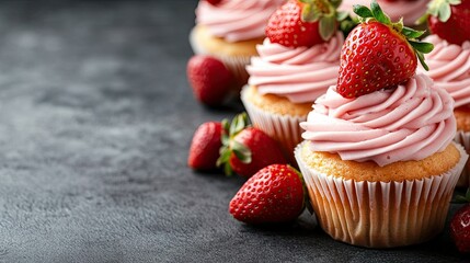 Delicious strawberry cupcakes with creamy frosting and fresh strawberries arranged on a dark surface ready for dessert time