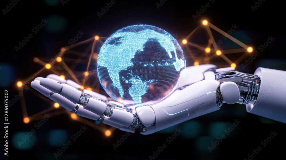 Poster exploring the future of technology robotic innovation digital world 3d visualization futuristic envi