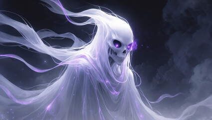 Ethereal ghost figure with glowing eyes and flowing white mist against a dark background