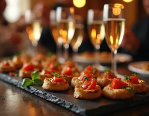 Elegant appetizers paired with champagne served at stylish dinner gathering. Savory snacks with fruit, herb toppings delight guests. Festive ambience, intimate atmosphere for social event,