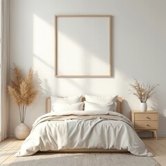 Modern home interior design with blank poster mockup template on wall. House decoration background showcases creative space. Bedchamber in apartment features comfortable bed and stylish furniture.