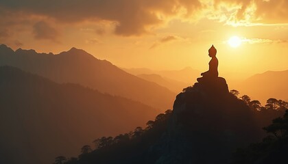 Silhouette of Buddha statue on mountain top at orange sunrise. Religious buddhistic sculpture in zen meditation pose at asian temple. Spirituality symbol, oriental culture, travel tourism attraction.