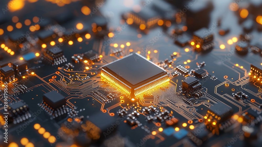 Poster exploring the intricacies of computer chip technology lab environment macro photography illuminated 