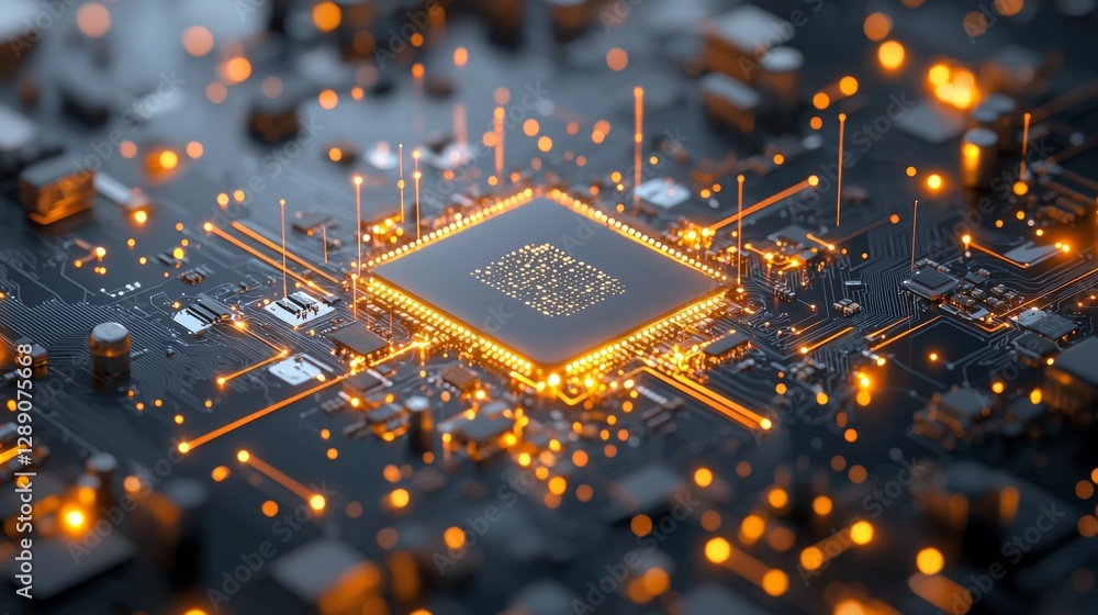 Poster technological innovation event microchip development high-tech lab digital circuitry futuristic envi