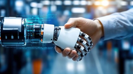 Robotic handshake with human touch in industrial setting technology interaction futuristic environment close-up perspective