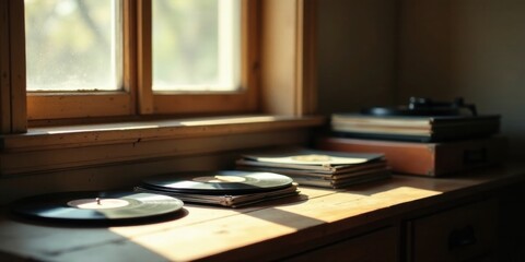 Sunlit Vinyl Records and Turntable on Wooden Surface