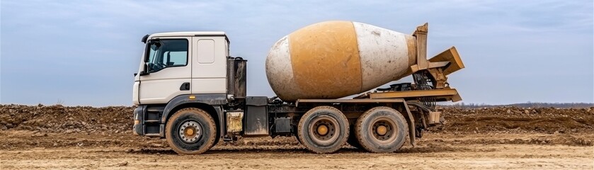Construction vehicle mixing concrete at job site heavy machinery industrial environment side view building process