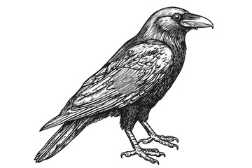 Hand-drawn raven in vintage illustration style, black sketch on white background, wildlife print, trendy bird art, old engraving, nature decor, rustic design, art for home.