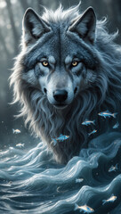 Majestic wolf stands in a mystical river, surrounded by swirling water and shimmering fish under a forest canopy