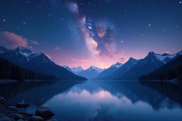 Silvery lake under starry sky with mountains in distance, mountains, solitude, peaceful
