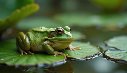 Obraz premium Green frog sitting on lily pad in pond. Amphibian rests in its natural wild environment. Flora, fauna, nature scenes, garden wildlife themes, outdoor, aquatic environments.
