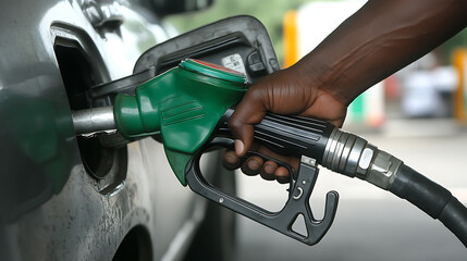Obraz premium Fueling Up: A hand holds a gas pump filling a car. Focus on the nozzle. Convenient way to refuel a car, ensuring it's ready for the road ahead.