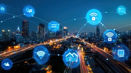 Smart city infrastructure development urban environment infographic night view connectivity concepts for future urban planning