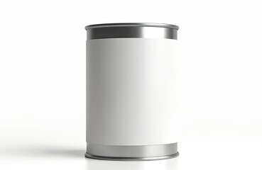 Food tin mockup with blank white label. Metallic aluminium container for food preserving. Tinned template of product packaging. Grocery cylinder closeup. Steel silver design. Realistic canister