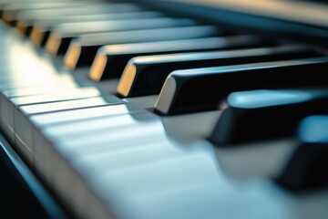 Close-up shot of piano keys with detailed texture and lighting