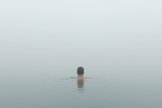 Man immersed in foggy water. Solitude and mystery of the sea concept. Serene escape into nature. Minimalist, dreamy scene. - Powered by Adobe